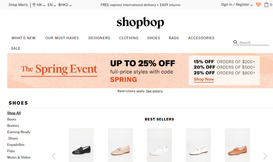 美國網Shopbop春季大激減2020，名牌鞋款促銷，單筆訂單滿$200美金即85折/滿$500美金就升級享有8折/滿$800美金更可有最高75折